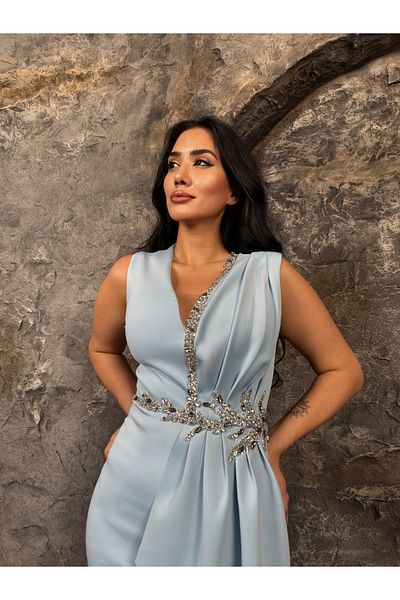 1Moda1Tarz Rochie maxi de damă din țesătură importată, brodată cu piatră, cu detaliu de șal, cu fante, căptușită, cu design special