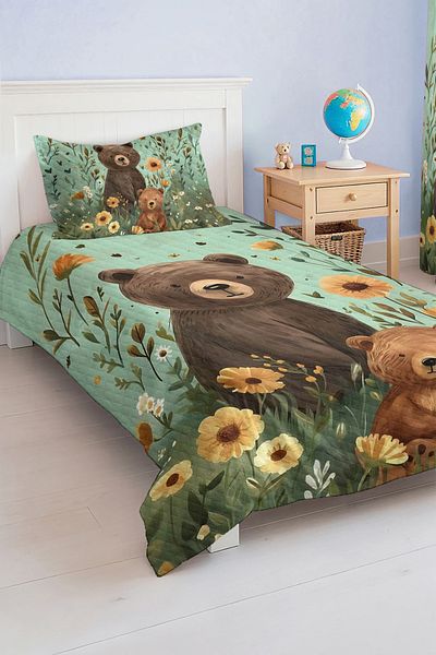 Realhomes Bear and Flower Patterned Mint Green Colored Children's and Teenager's Room Pique Set Bedspread