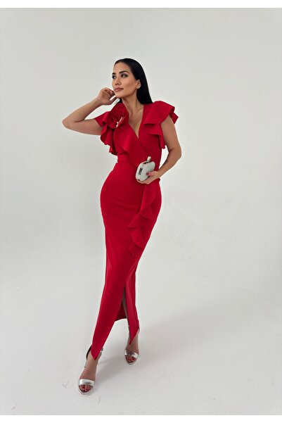 1Moda1Tarz Women's Imported Fabric Chain Rose Detailed Ruffle Pattern Slit Lined Special Design Dress