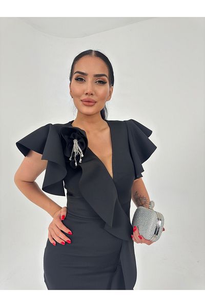 1Moda1Tarz Rochie de damă din țesătură importată, cu lanț, cu model de volan, cu fantă, căptușită, cu design special