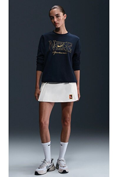 Nike Po Crew Shıne Logolu Lacivert Kadın Uzun Kollu Tişört Sweatshirt