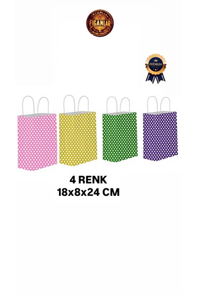 figanlar ambalaj 1.Kalite PUANTİYELİ 4 RENK 4 ADET 18X8X24cm Kağıt Çanta/Kağıt Hediye Poşeti