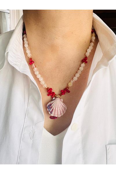 DEVİ fashion Natural Stone Coral Oyster Necklace 47 cm