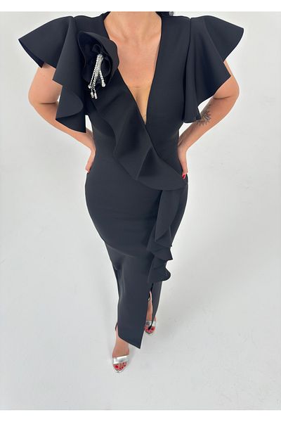1Moda1Tarz Rochie de damă din țesătură importată, cu lanț, cu model de volan, cu fantă, căptușită, cu design special