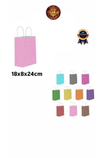 figanlar ambalaj 1.Kalite PEMBE PUANTİYELİ 18X8X24cm Kağıt Çanta/Kağıt Hediye Poşeti 5 Adet