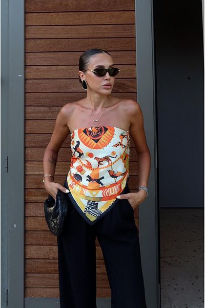 Havoş Orange Shawl Patterned Tie Back Blouse