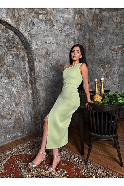 1Moda1Tarz Imported Scuba Crepe Fabric Pearl Stone Embroidered Belt Detail Slit Lined Special Design Evening Dress