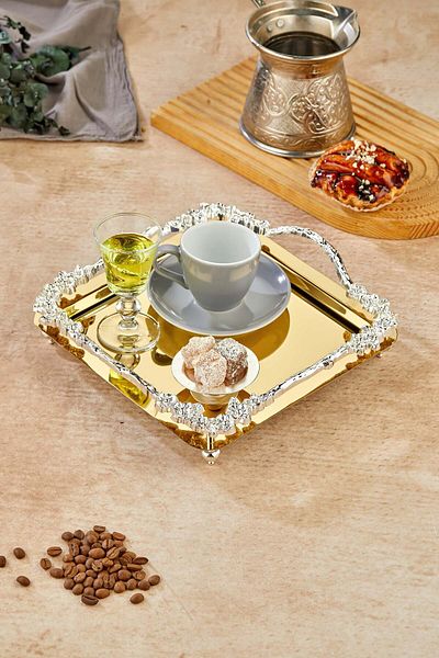 Turkco Flower Series Metal Presentation Promise Engagement Tray, Gold Tray Silver Accessory