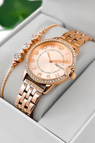 Ferrucci Stone Detailed Case, Steel Cord Steel Case Women's Wrist Watch, Rose Zmfer200