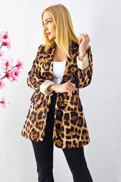 FashionForYou Jachetă LHEIA cu imprimeu animal, fără închidere, cu buzunare decorative, model leopard, mărimea S/M