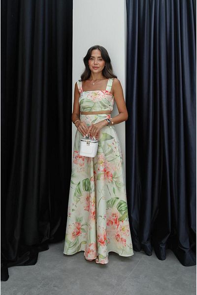 Havoş Light Green Patterned Crop Blouse Skirt Set