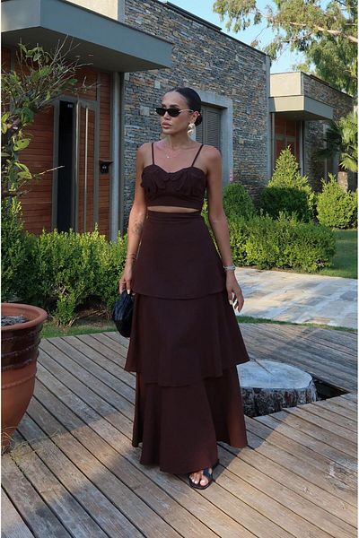 Havoş Brown Floral Detailed Crop Skirt Linen Suit