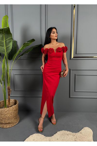 1Moda1Tarz Imported Fabric Madonna Collar Stone Embroidered Rose Detailed Lined Special Design Evening Dress