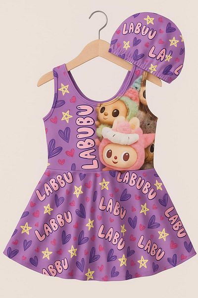 ARBİ kids Girls Labubu Boneli Flounced Swimsuit Summer Vacation