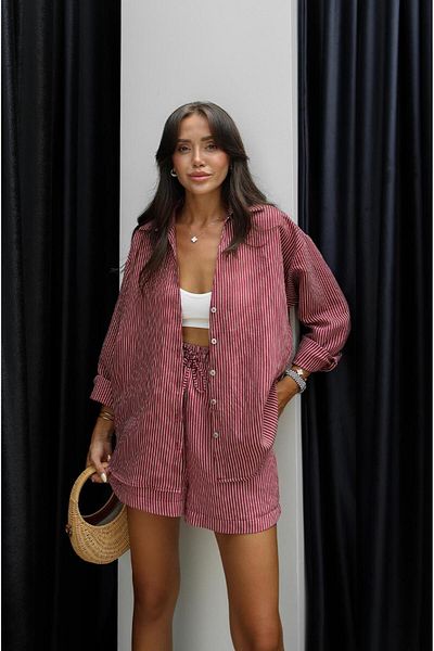 Havoş Burgundy Striped Shirt Shorts Set