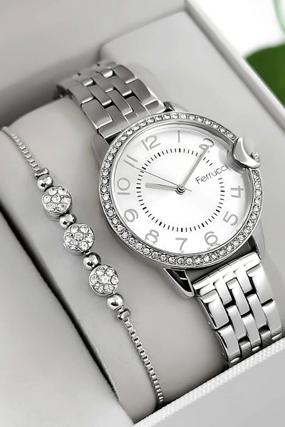 Ferrucci Steel Cord & Case Women Wrist Watch, Stone Detailed Case Silver Sdfer182