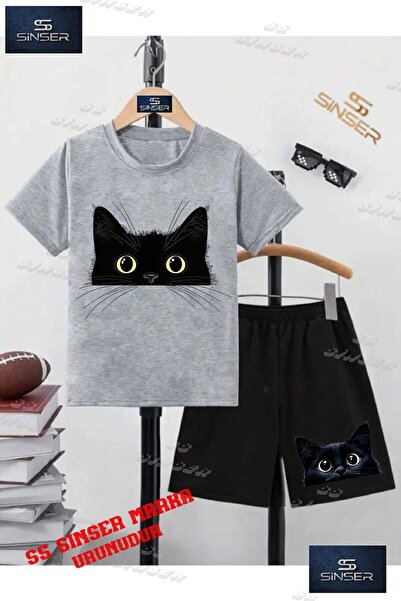 SS SİNSER تي شيرت للأطفال للجنسين "CAT BLACK HALF HEAD" مطبوع خاص برقبة دائري...