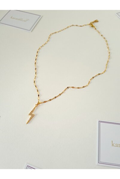 Karanfil Co Zirkon Taşlı Şimşek Uçlu Altın Renk Çelik Kolye