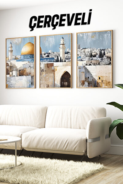 kutuTR 🕌 Kudüs Manzaralı 3’lü Tablo Seti – Doğal Çam Ahşap Çerçeveli 🌟🌸 CR...