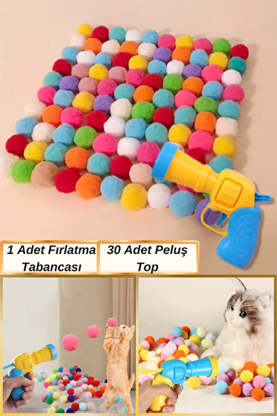 Hane Dostu 30 + 1 Parça Peluş Top Atan Eğlenceli Aktivite İnteraktif Kedi Oyu...