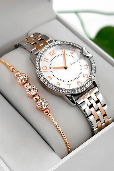 Ferrucci Steel Cord & Case Women's Wristwatch, Stone Detailed Case Silver-Rose Sdfer182