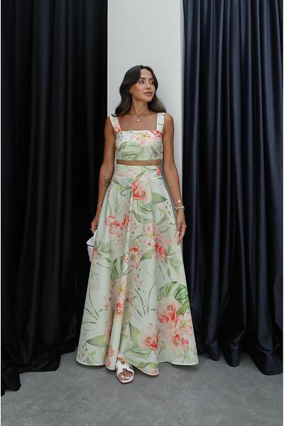 Havoş Light Green Patterned Crop Blouse Skirt Set