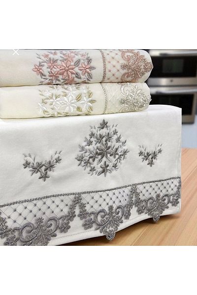 Dantelux 3 Pieces Velvet French Guipure Embroidered 50X90 Towel Dowry Towel