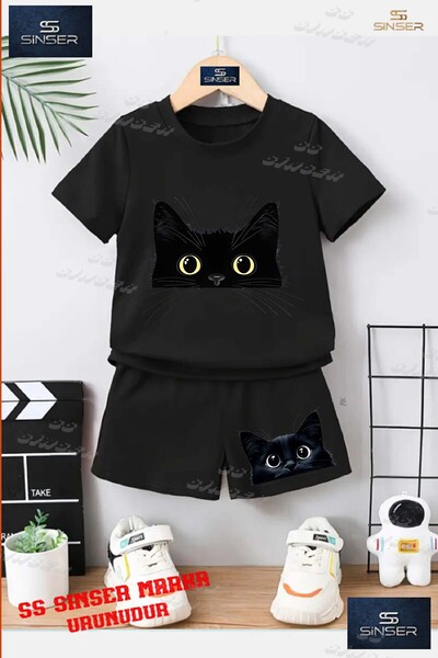 SS SİNSER Children's Unisex “Cat Black Half Head“ Custom Printed Crew Neck T-...