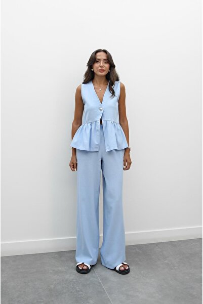 Havoş Μπλε Σετ Παντελόνι Γιλέκο με Μονό Κουμπί Μπροστά