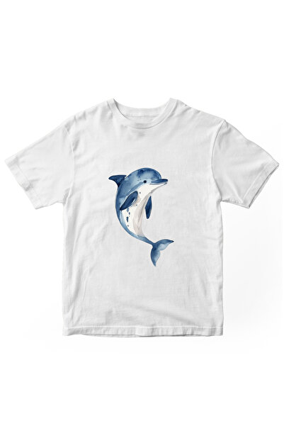 designedfy تيشيرت نسائي مطبوع عليه دولفين باللون الأبيض