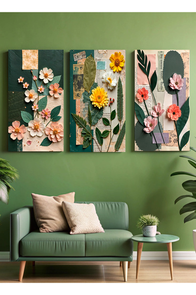 Design Craft House 3'lü Çiçekli Dekoratif Modern Tasarım Kanvas Tablo