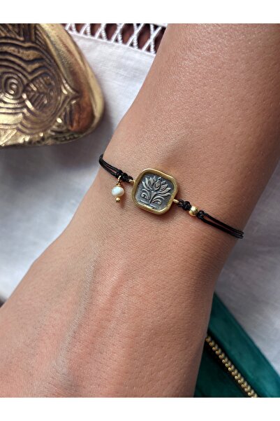 Miltonia 925s Lotus Siyah İpli İncili Gümüş Bileklik