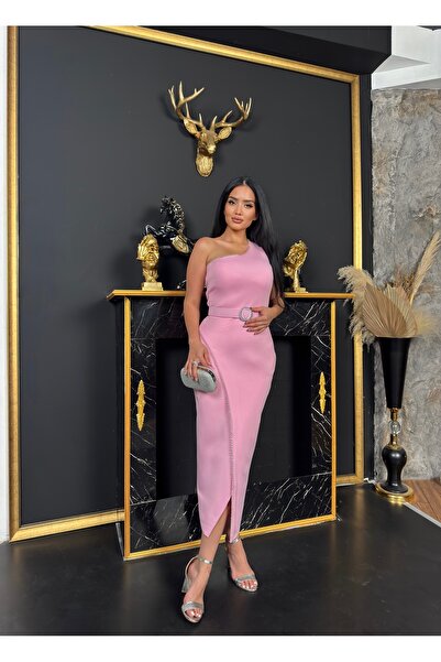 1Moda1Tarz Imported Scuba Crepe Fabric Pearl Stone Embroidered Belt Detail Slit Lined Special Design Evening Dress