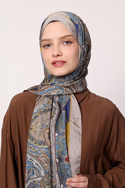 LuvenSara شال حرير هندي رمادي أزرق