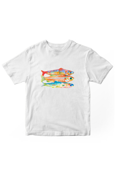 designedfy تيشيرت للجنسين مطبوع عليه أسماك باللون الأبيض