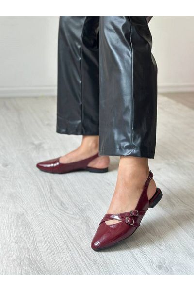 İDC MODA Burgundy Patent Leather Double Helmet Daily Ballerina Women's Shoes