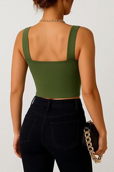 Olyssia Women's Khaki Square Neck Strap Fit Crop Top – Stylish and Comfortable Casual Blouse