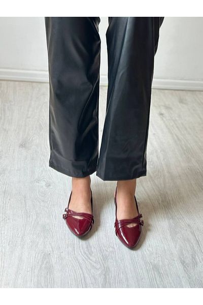İDC MODA Burgundy Patent Leather Double Helmet Daily Ballerina Women's Shoes