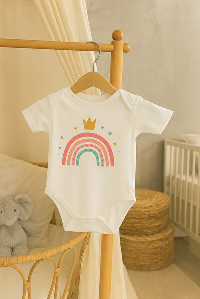 Moda Lime Baby Bodysuit - Organic Cotton Jumpsuit with Crown and Rainbow Pattern
