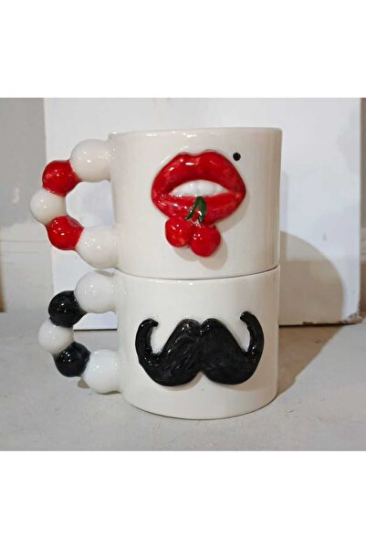 Dİ TAZZA طقم مكون من قطعتين مصنوع يدويًا من السيراميك المنقوش على شكل شارب الشفاه المزدوج للقهوة الإسبريسو سعة 200 مل