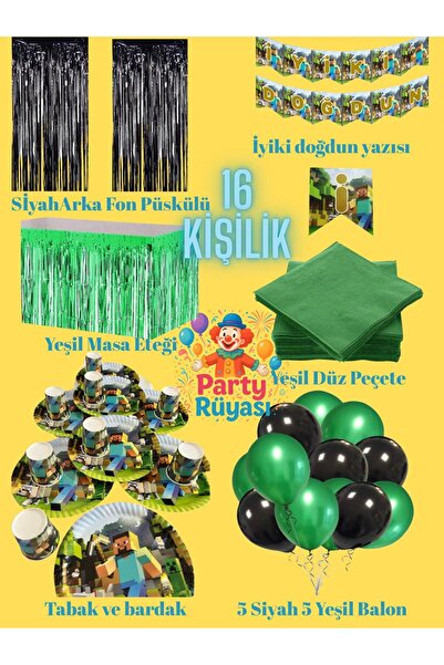 partyrüyası Minecraft Doğum Günü Parti Malzemeleri Süsleri Seti 16 Kişilik Pa...