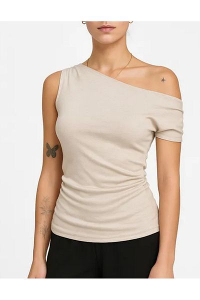 AEMİ Women's Boat Neck Single Sleeve Cream Blouse