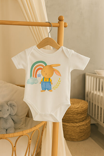 Moda Lime Baby Bodysuit - Rainbow and Rabbit Patterned Organic Cotton Jumpsuit