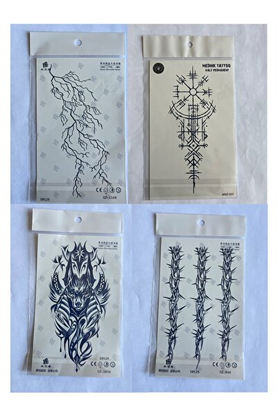 Airbrush Tattoo Yıldırım Diken 4 adet Birden 3 hafta Kalıcı Geçici yapıştırma...