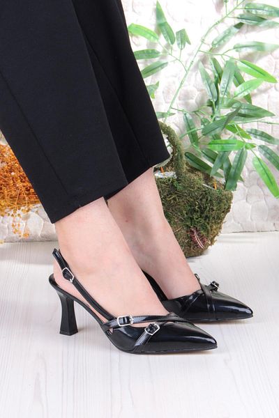 fort 3669 Uraz Patent Leather Buckle Detailed Open Back Closed Front Heeled Women's Shoes