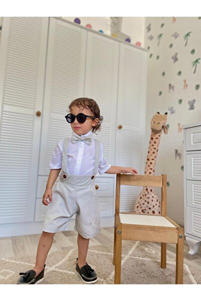Moon طقم للأولاد مكون من 3 قطع - شورت رمادي وقميص أبيض مع تفاصيل ربطة عنق |  ...