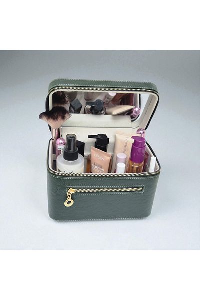 Moda fiesta Makeup Bag with Mirror Leather Finish Cosmetic Organizer for Travel and Daily Use