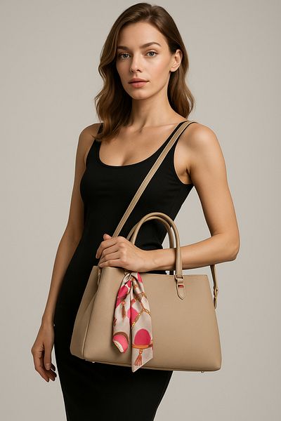 Silblack Women's Shoulder and Hand Bag - Large Volume, Zippered 3 Compartments, Stylish Scarf Detail