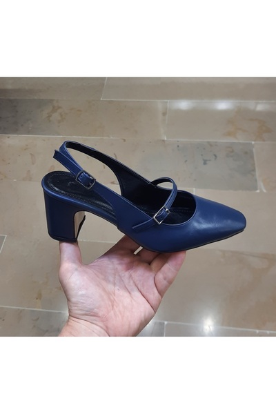 MİSS PARK MODA Жіночі туфлі з товстим носком, товстим каблуком, широкою колодкою, чорно-синього кольору, з відкритою задньою частиною