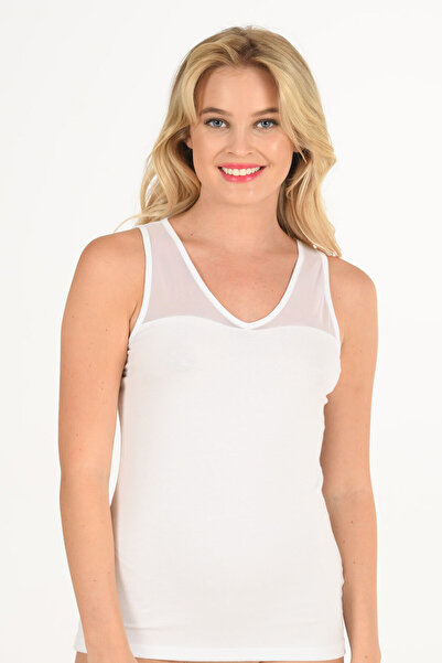 Generic Brand Women's Cotton Modal V-Neck Tulle Detailed Thick Strap Tank Top
